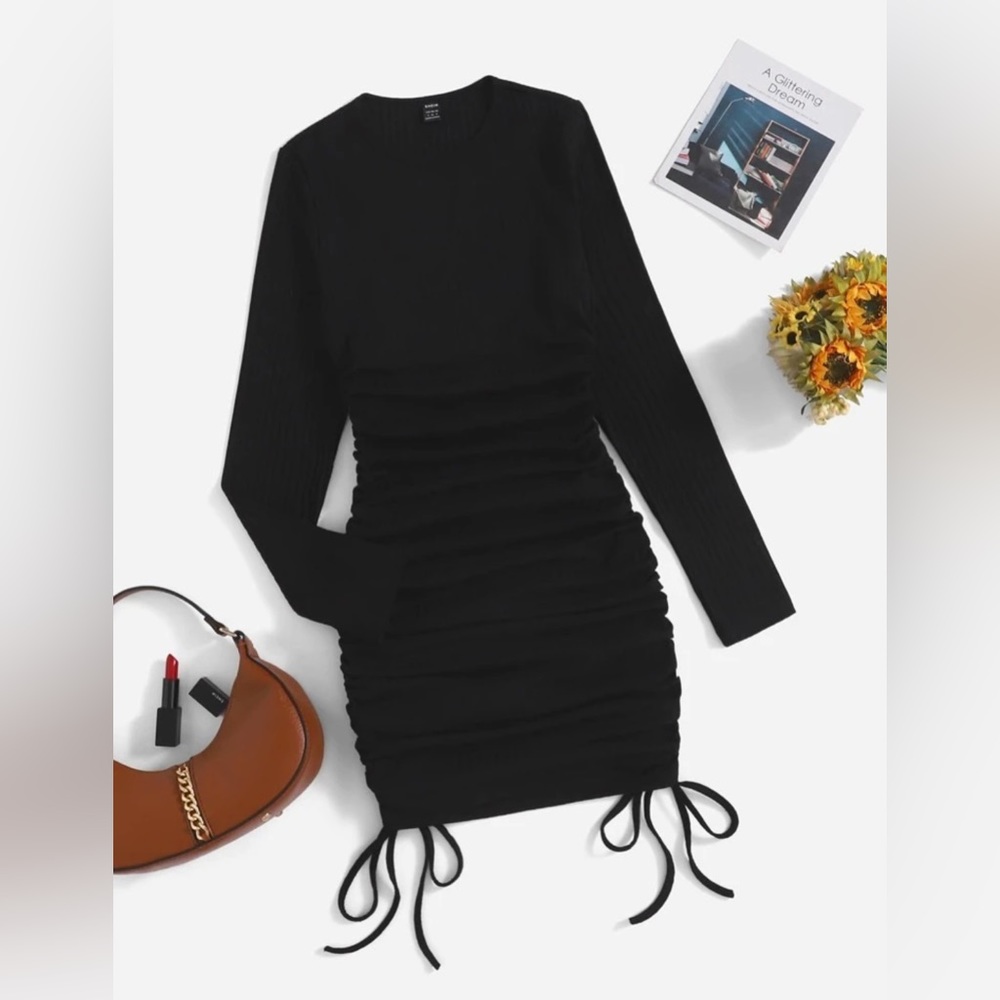 Black Ruched Long Sleeve Dress
